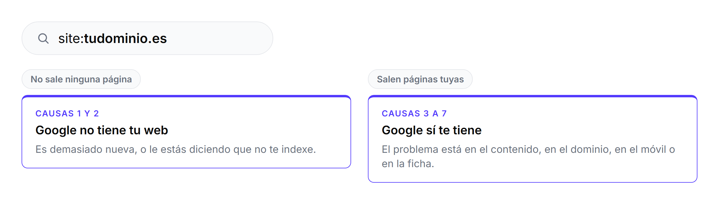 Si al buscar site:tudominio.es no sale ninguna página, Google no tiene tu web y el problema son las causas 1 y 2. Si salen páginas, el problema está entre las causas 3 y 7.